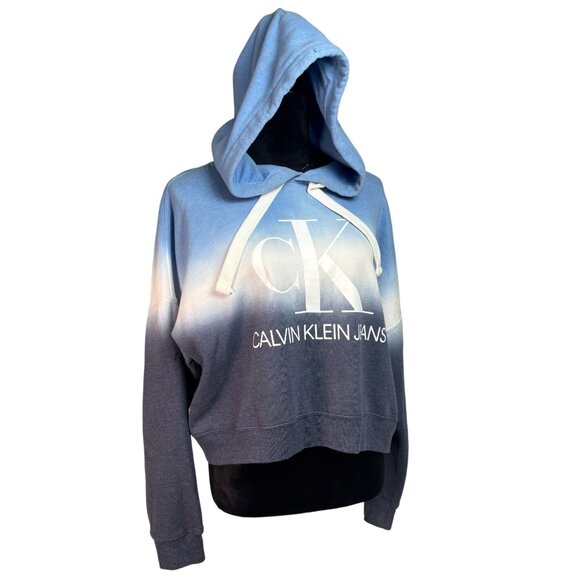 Calvin Klein Jeans Cropped Hooded Sweatshirt Drawstring Size Medium Blue and whi - Picture 7 of 11